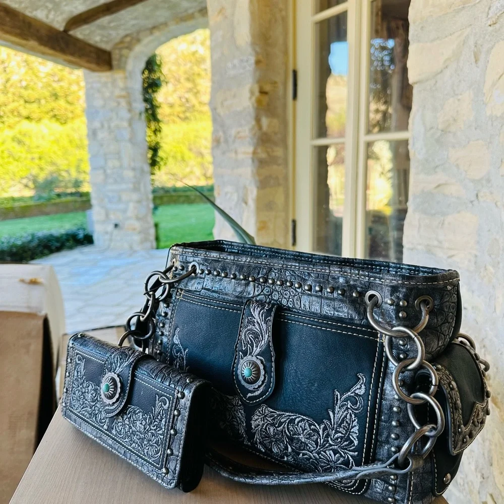 Montana west embroidery buckle black shoulder bag&wallet NWT_2